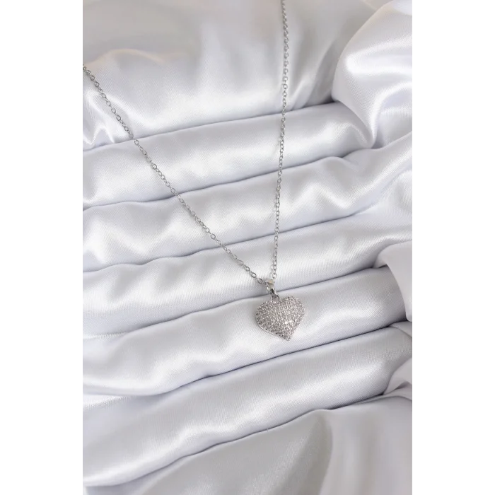 BUĞZ 316L Çelik Zincir Gümüş Renk Zirkon Taş Detay Kalp Model Kadın Kolye