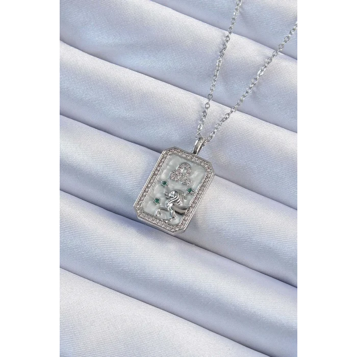 BUĞZ 316L Çelik Zincir Gümüş Renk Zirkon Taşlı Aslan Figürlü Tarot Kolye