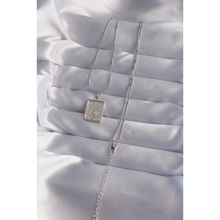 BUĞZ 316L Çelik Zincir Gümüş Renk Zirkon Taşlı Ay Yıldız Figürlü Tarot Kolye - Lisinya