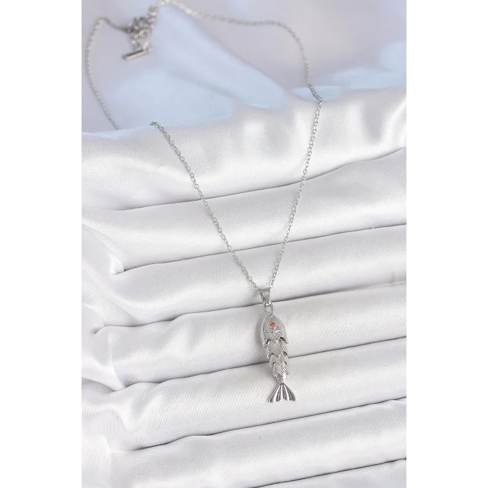 BUĞZ 316L Çelik Zincir Gümüş Renk Zirkon Taşlı Balık Figürlü Kolye