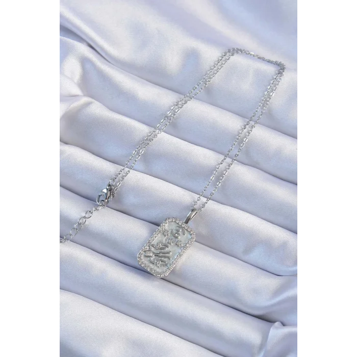 BUĞZ 316L Çelik Zincir Gümüş Renk Zirkon Taşlı Çerçeveli Tarot Kolye - Lisinya