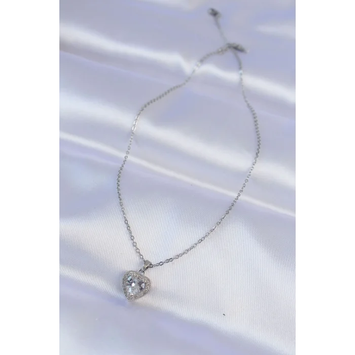 BUĞZ 316L Çelik Zincir Gümüş Renk Zirkon Taşlı Charm Kalp Kolye