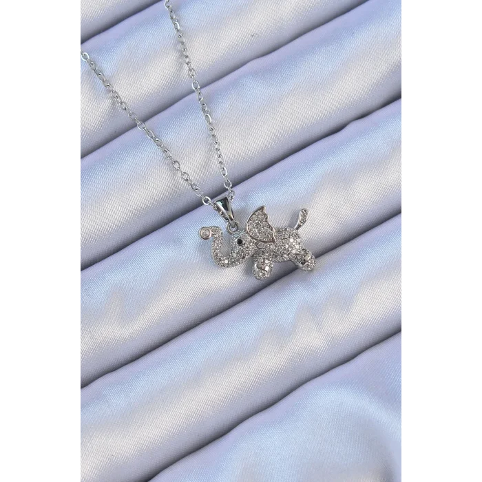 BUĞZ 316L Çelik Zincir Gümüş Renk Zirkon Taşlı Fil Kolye