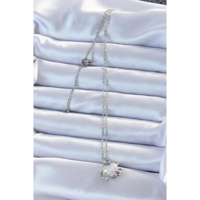 BUĞZ 316L Çelik Zincir Gümüş Renk Zirkon Taşlı Gezegen Görünümlü Kalp Kolye