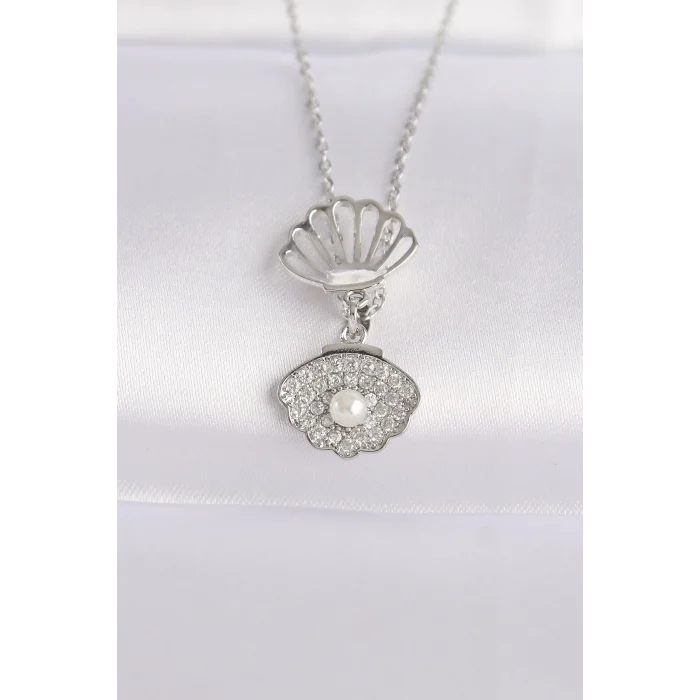 BUĞZ 316L Çelik Zincir Gümüş Renk Zirkon Taşlı İnci Detay İstiridye Kolye