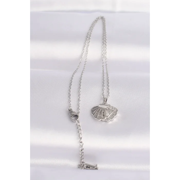 BUĞZ 316L Çelik Zincir Gümüş Renk Zirkon Taşlı İnci Detay İstiridye Kolye