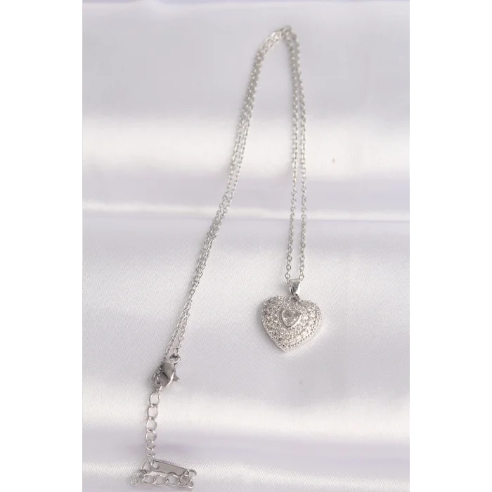 BUĞZ 316L Çelik Zincir Gümüş Renk Zirkon Taşlı Kalp Kolye - Lisinya