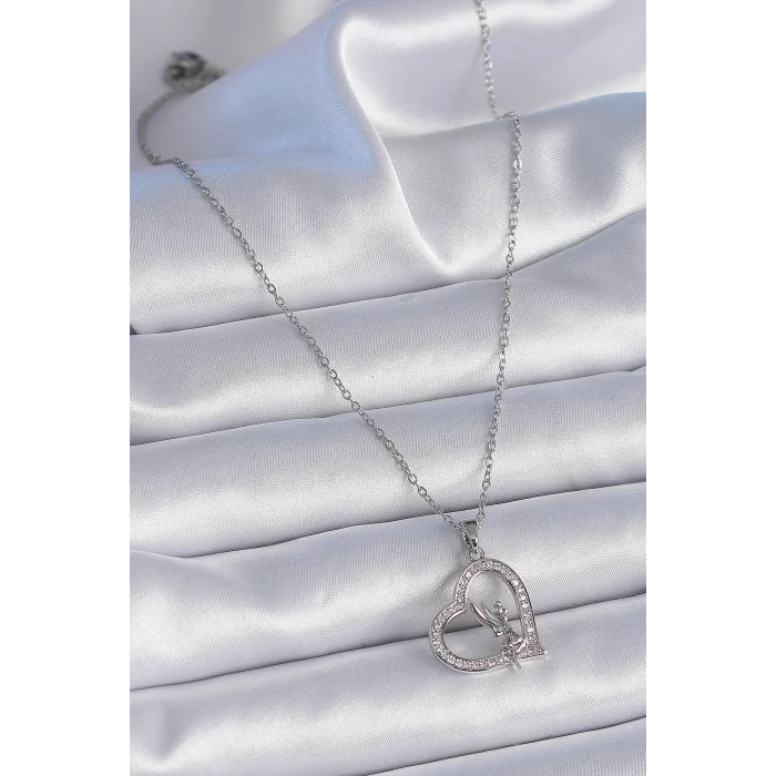 BUĞZ 316L Çelik Zincir Gümüş Renk Zirkon Taşlı Kalp Model Melek Detay Kadın Kolye - Lisinya