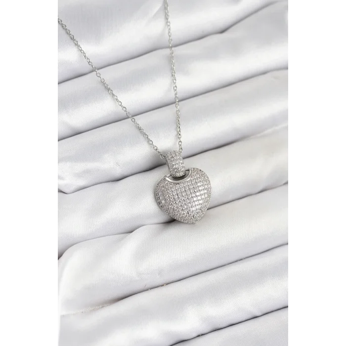 BUĞZ 316L Çelik Zincir Gümüş Renk Zirkon Taşlı Kalpli Kadın Kolye