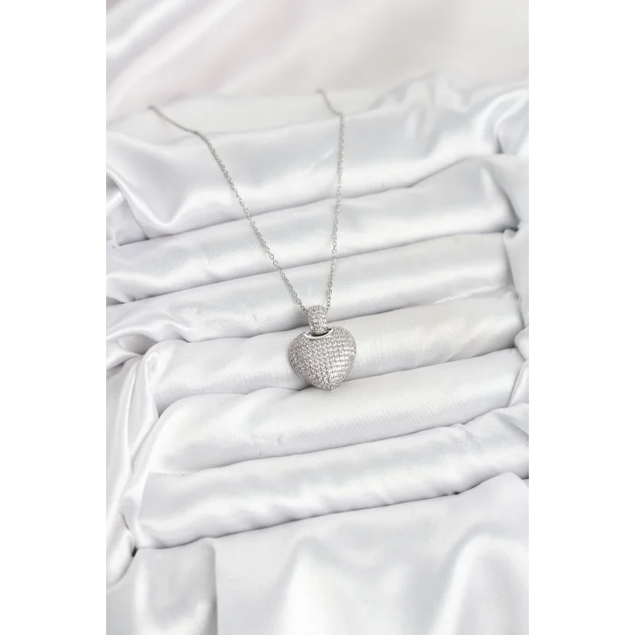 BUĞZ 316L Çelik Zincir Gümüş Renk Zirkon Taşlı Kalpli Kadın Kolye
