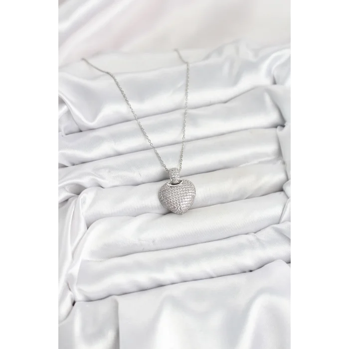 BUĞZ 316L Çelik Zincir Gümüş Renk Zirkon Taşlı Kalpli Kadın Kolye - Lisinya