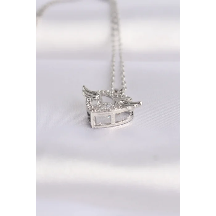 BUĞZ 316L Çelik Zincir Gümüş Renk Zirkon Taşlı Kanatlı Kalp Kolye - Lisinya