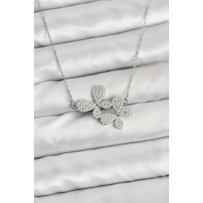 BUĞZ 316L Çelik Zincir Gümüş Renk Zirkon Taşlı Kelebek Model Kadın Kolye