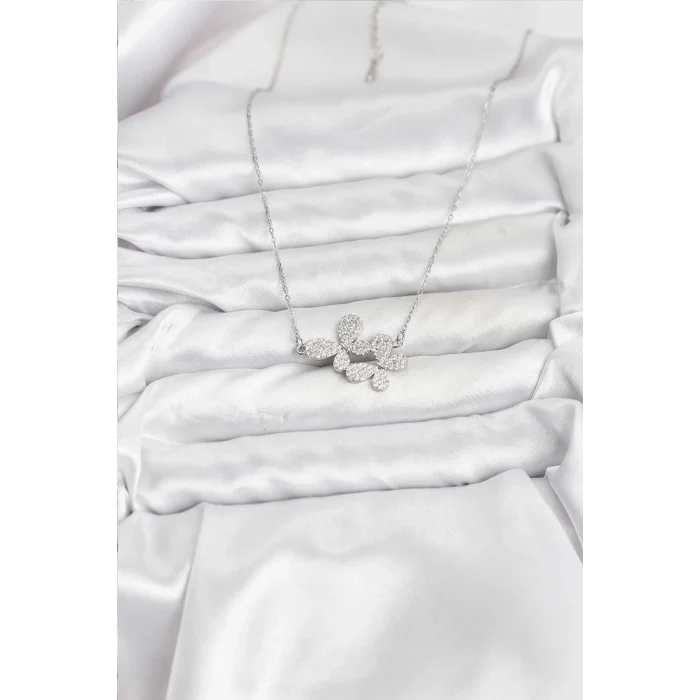 BUĞZ 316L Çelik Zincir Gümüş Renk Zirkon Taşlı Kelebek Model Kadın Kolye