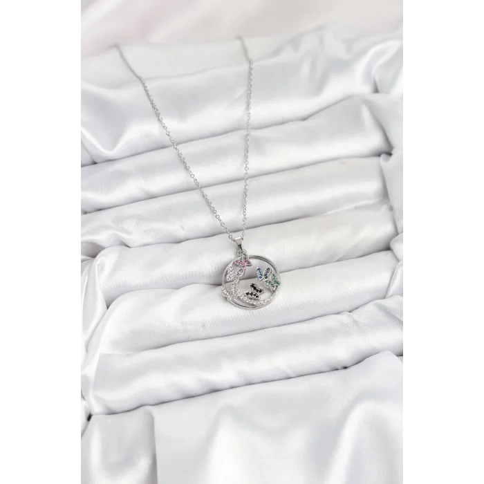 BUĞZ 316L Çelik Zincir Gümüş Renk Zirkon Taşlı Kelebekli Kadın Kolye