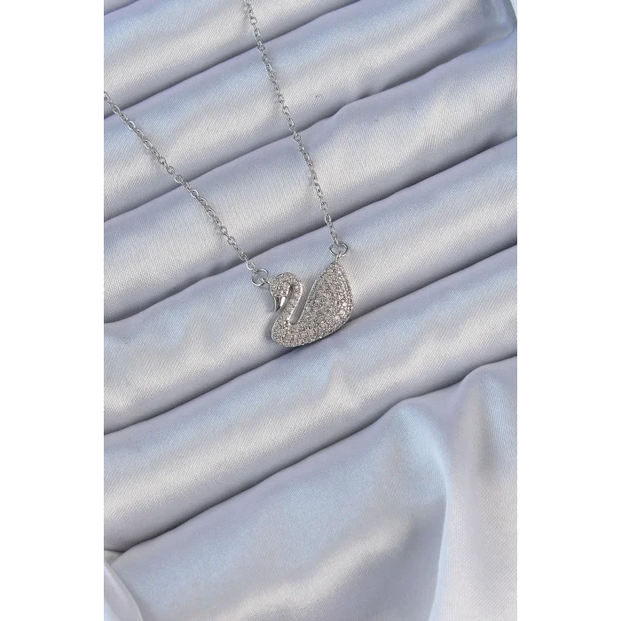 BUĞZ 316L Çelik Zincir Gümüş Renk Zirkon Taşlı Kuğu Kolye