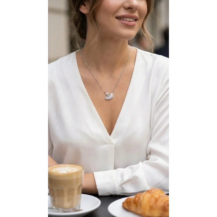 BUĞZ 316L Çelik Zincir Gümüş Renk Zirkon Taşlı Kuğu Kolye