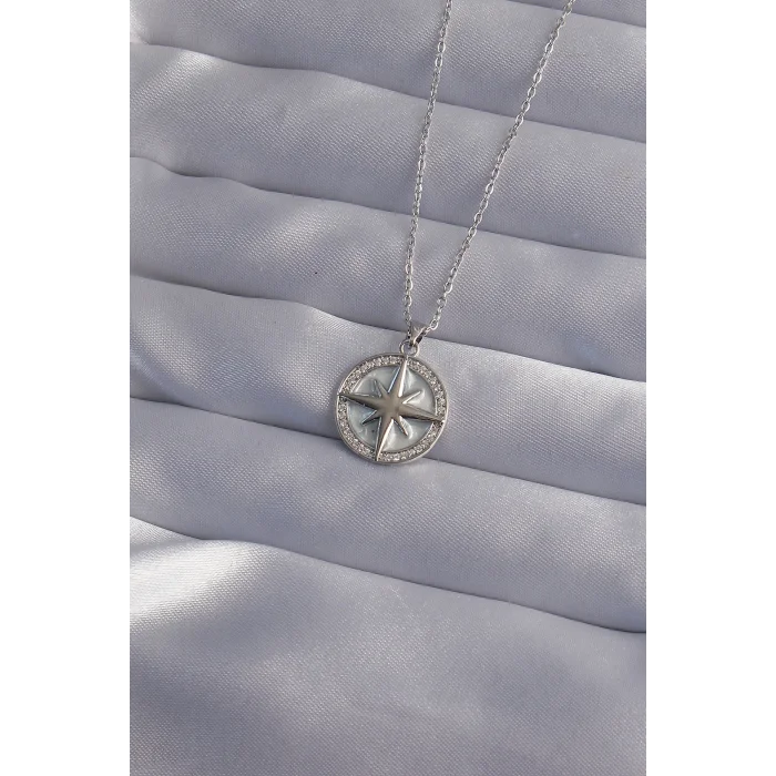 BUĞZ 316L Çelik Zincir Gümüş Renk Zirkon Taşlı Kutup Yıldızı Kolye