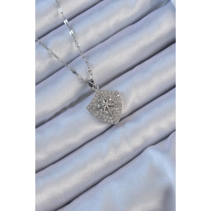 BUĞZ 316L Çelik Zincir Gümüş Renk Zirkon Taşlı Kutup Yıldızı Kolye