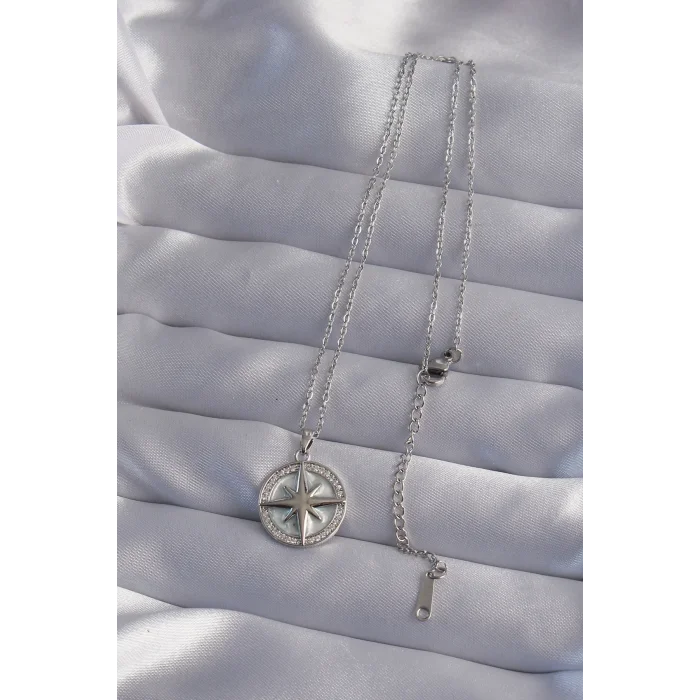 BUĞZ 316L Çelik Zincir Gümüş Renk Zirkon Taşlı Kutup Yıldızı Kolye
