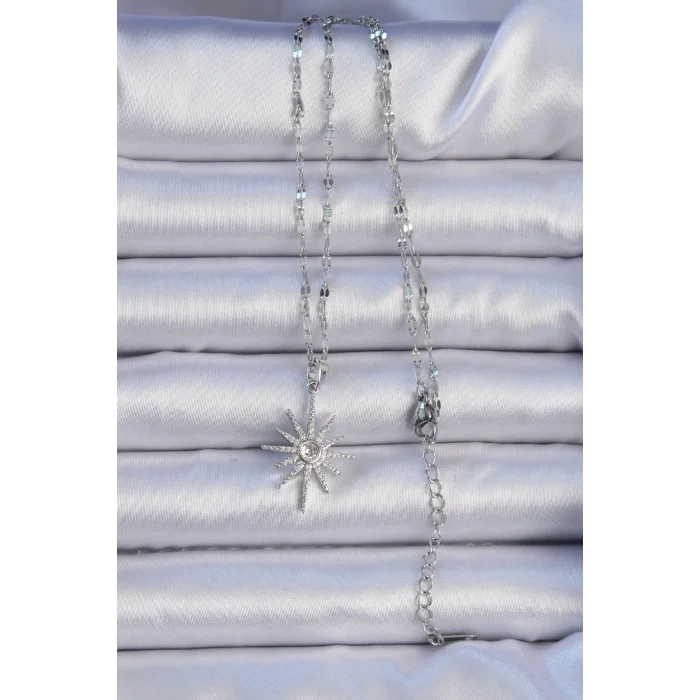 BUĞZ 316L Çelik Zincir Gümüş Renk Zirkon Taşlı Kutup Yıldızı Kolye - Lisinya