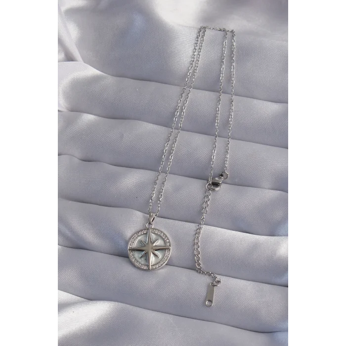 BUĞZ 316L Çelik Zincir Gümüş Renk Zirkon Taşlı Kutup Yıldızı Kolye - Lisinya