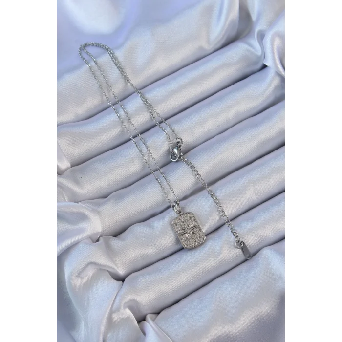 BUĞZ 316L Çelik Zincir Gümüş Renk Zirkon Taşlı Kutup Yıldızlı Vintage Kolye - Lisinya