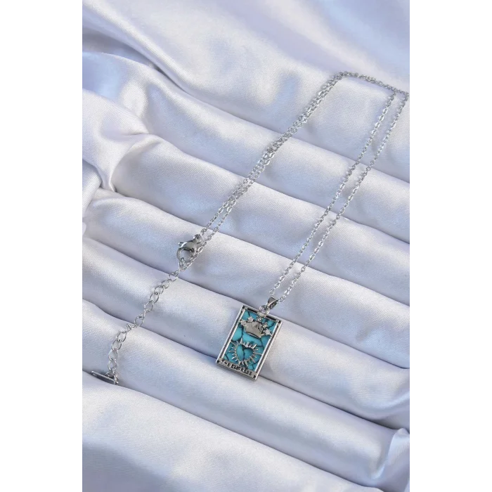 BUĞZ 316L Çelik Zincir Gümüş Renk Zirkon Taşlı Mavi Mermer Desenli Taç Model Tarot Kolye - Lisinya