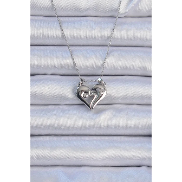 BUĞZ 316L Çelik Zincir Gümüş Renk Zirkon Taşlı Mıknatıslı Kalp Kolye