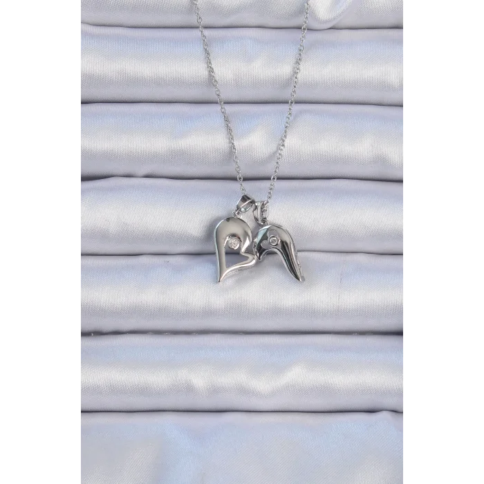 BUĞZ 316L Çelik Zincir Gümüş Renk Zirkon Taşlı Mıknatıslı Kalp Kolye