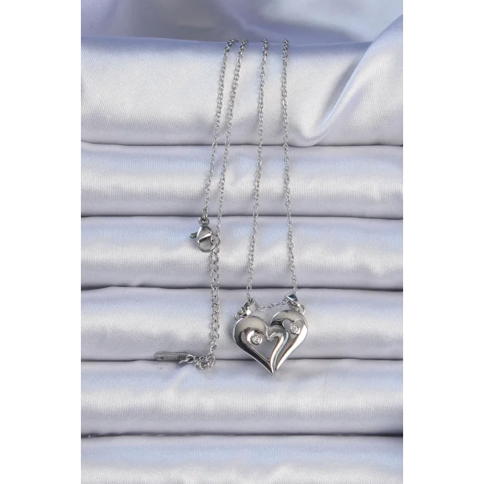 BUĞZ 316L Çelik Zincir Gümüş Renk Zirkon Taşlı Mıknatıslı Kalp Kolye
