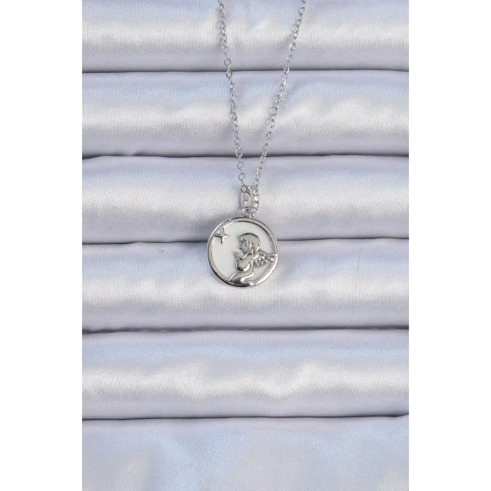 BUĞZ 316L Çelik Zincir Gümüş Renk Zirkon Taşlı Mineli Melek Kolye