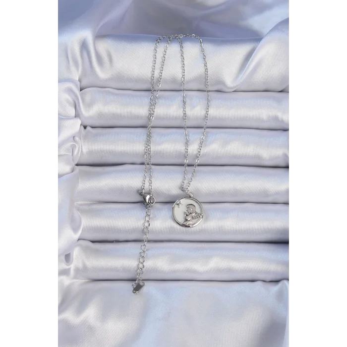 BUĞZ 316L Çelik Zincir Gümüş Renk Zirkon Taşlı Mineli Melek Kolye - Lisinya