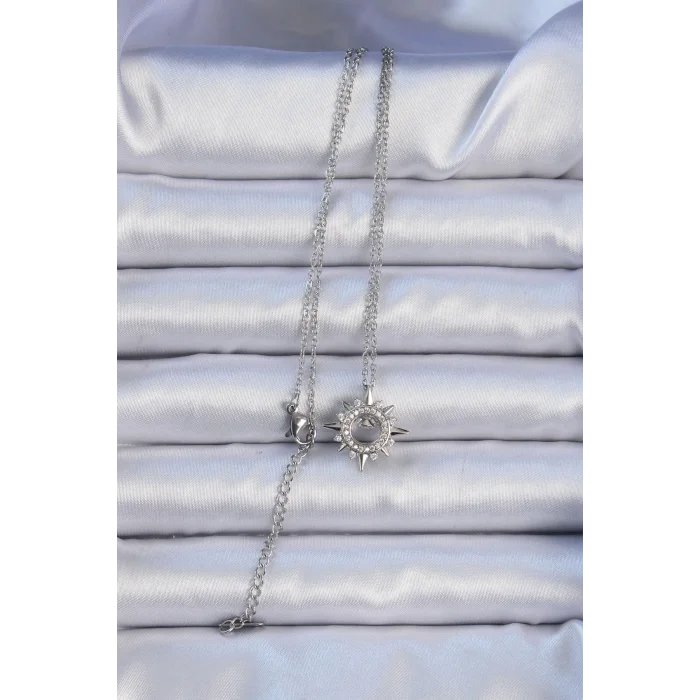 BUĞZ 316L Çelik Zincir Gümüş Renk Zirkon Taşlı Parlayan Yıldız Kolye