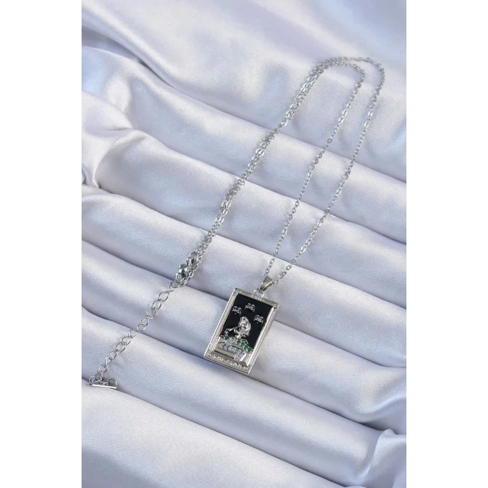 BUĞZ 316L Çelik Zincir Gümüş Renk Zirkon Taşlı Siyah Mineli Kız Figürlü Tarot Kolye - Lisinya