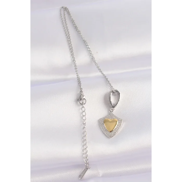 BUĞZ 316L Çelik Zincir Gümüş Renk Zirkon Taşlı Tasarım Altın Renk Kalp Kolye - Lisinya