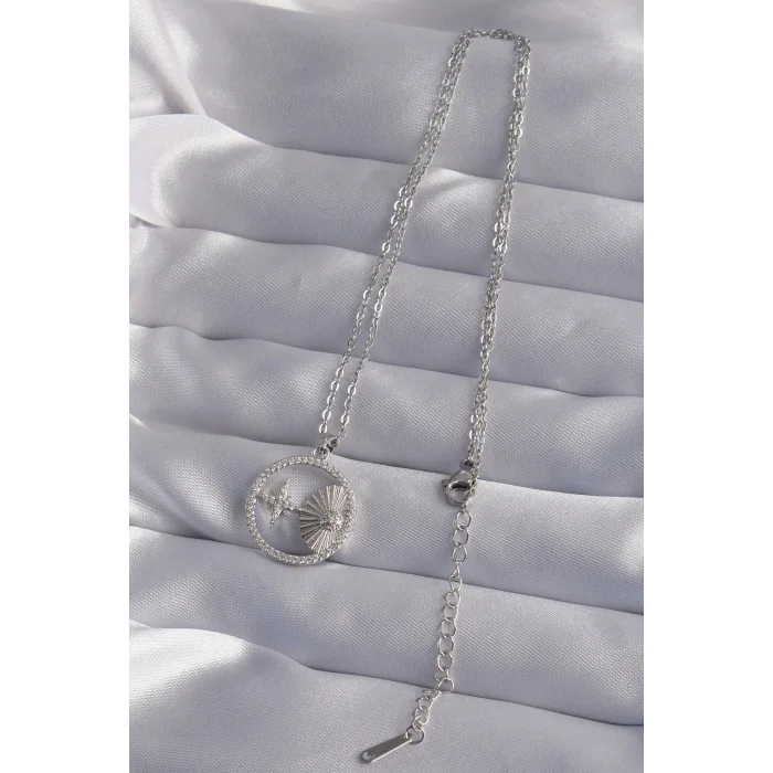 BUĞZ 316L Çelik Zincir Gümüş Renk Zirkon Taşlı Yıldız Figürlü Oval Kolye