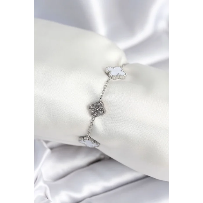 BUĞZ 316L Çelik Zincir Gümüş Renk Zirkon Taşlı Yonca Beyaz Kadın Bileklik
