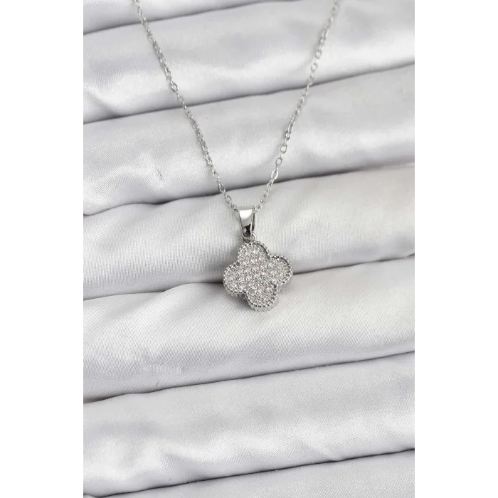 BUĞZ 316L Çelik Zincir Gümüş Renk Zirkon Taşlı Yonca Model Kadın Kolye