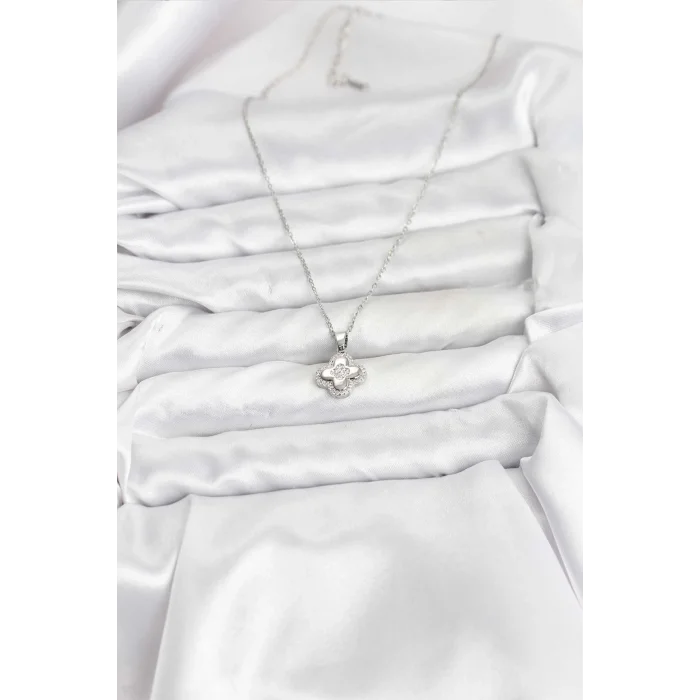 BUĞZ 316L Çelik Zincir Gümüş Renk Zirkon Taşlı Yonca Model Kadın Kolye - Lisinya