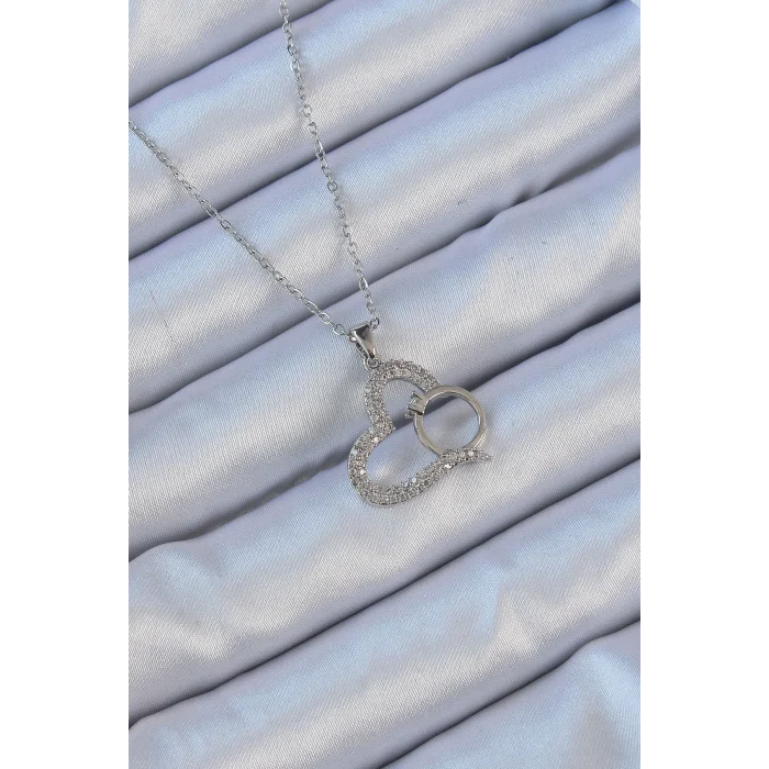 BUĞZ 316L Çelik Zincir Gümüş Renk Zirkon Taşlı Yüzüklü Kalp Kolye