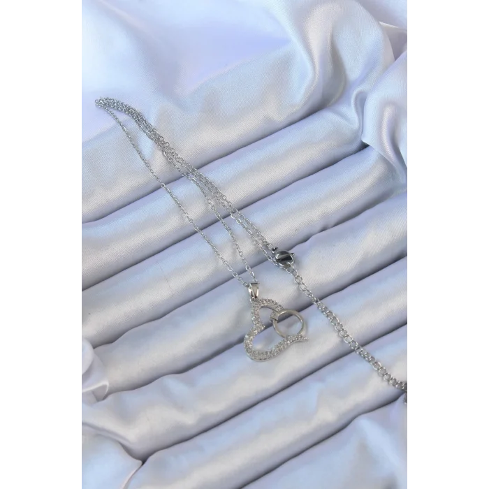 BUĞZ 316L Çelik Zincir Gümüş Renk Zirkon Taşlı Yüzüklü Kalp Kolye - Lisinya