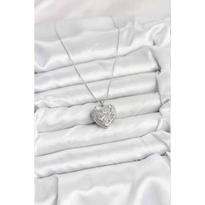 BUĞZ 316L Çelik Zincir Gümüş Zirkon Taşlı Kalpli Kadın Kolye