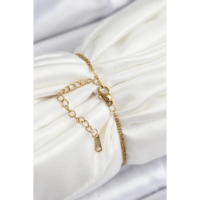 BUĞZ 316L Çelik Zincir Pembe Mineli Sanatsal Portre İnci Detaylı Çiçek Model Gold Renk Kadın Bileklik - Lisinya