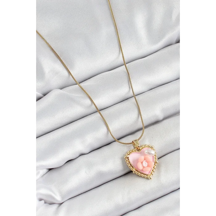 BUĞZ 316L Çelik Zincir Pembe Sanatsal Portre İnci Detaylı Papatya Figürlü Kalp Model Gold Renk Kadın Kolye