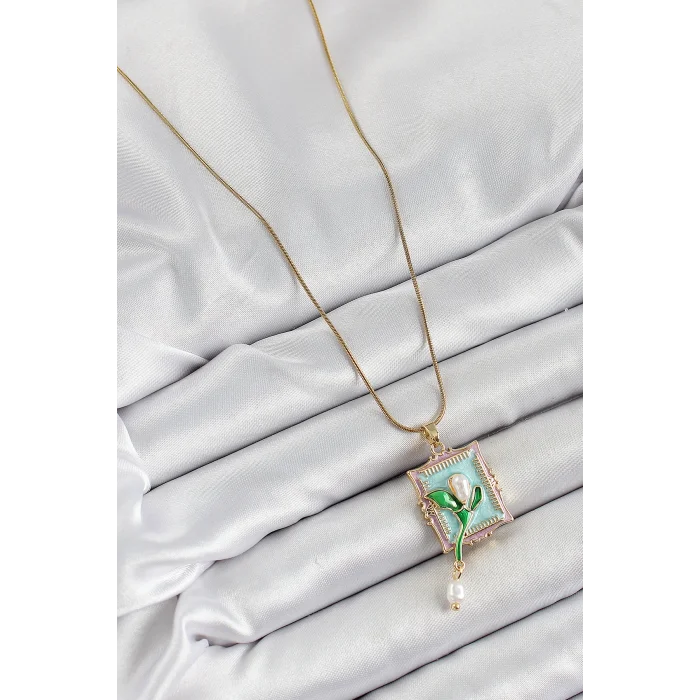 BUĞZ 316L Çelik Zincir Turkuaz Sanatsal Portre Sallantılı İnci Detaylı Lale Model Gold Renk Kadın Kolye - BUĞZ