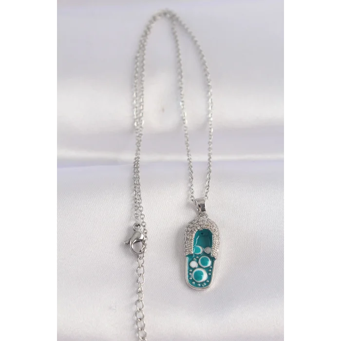 BUĞZ 316L Çelik Zincir Zirkon Taşlı Gümüş Renk Nazarlı Terlik Tasarımlı Kolye