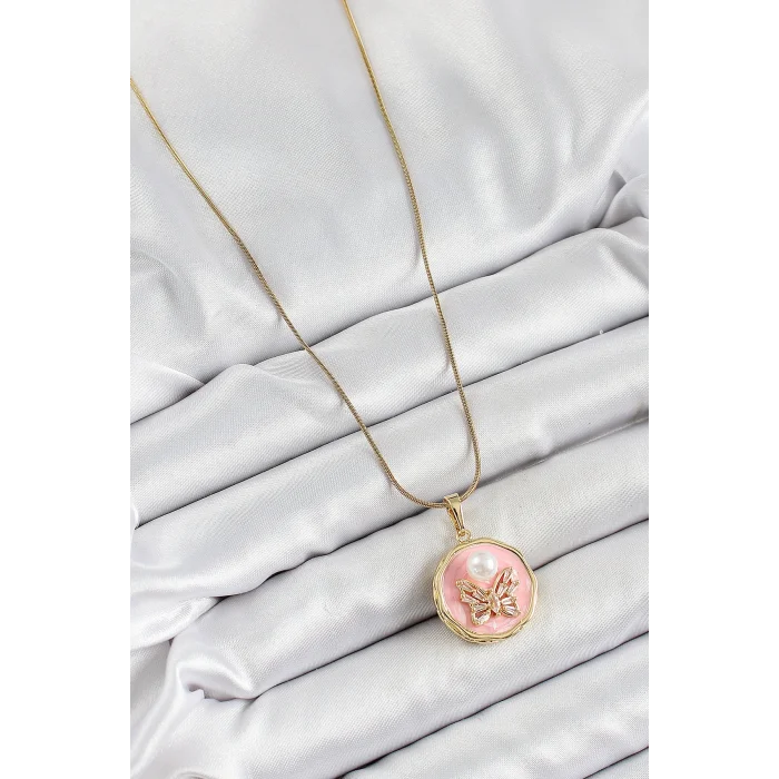 BUĞZ 316L Çelik Zincir Zirkon Taşlı Pembe Sanatsal Portre İnci Detaylı Kelebek Model Gold Renk Kadın Kolye - BUĞZ