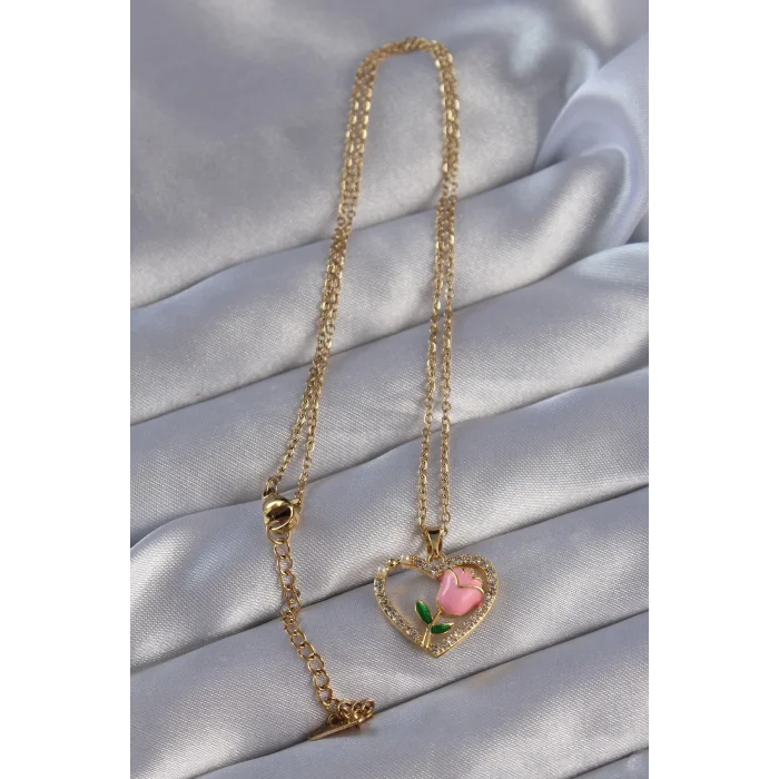 BUĞZ 316L Çelik Zincirli Gold Renk Zirkon Taşlı Kalp İçinde Pembe Gül Tasarımlı Kolye