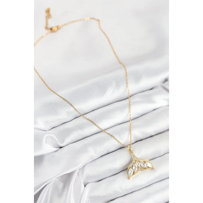 BUĞZ 316L Çelik Zirkon Taşlı Balık Kuyruğu Model Gold Renk Kadın Kolye - Lisinya